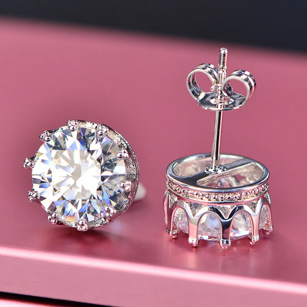 

Elegant 925 Sterling Silver Crown Earring 8MM Created Moissanite High Carbon Stud Earrings for Women Fine Jewelry Wedding Gift